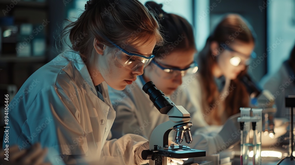 Aufkleber group of university students collaborating on a microscope experiment in a modern science laboratory