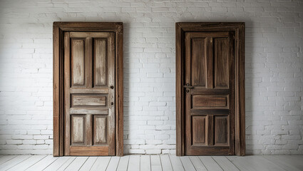Fototapeta premium Vintage wooden door background with copy space, Antique wooden door background, Rustic wooden door on white brick wall