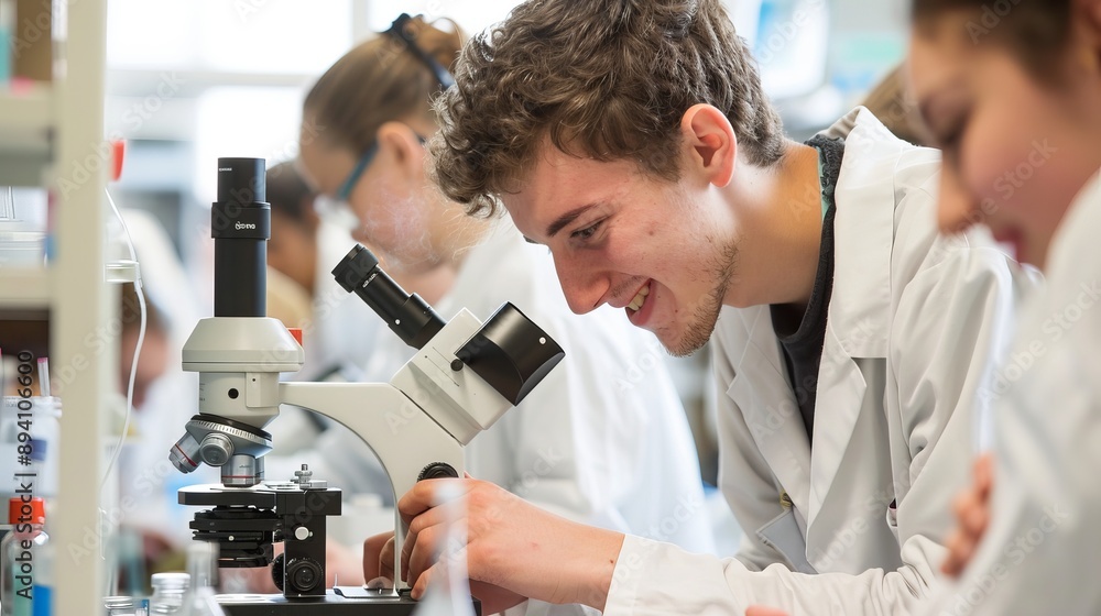 Aufkleber group of university students collaborating on a microscope experiment in a modern science laboratory