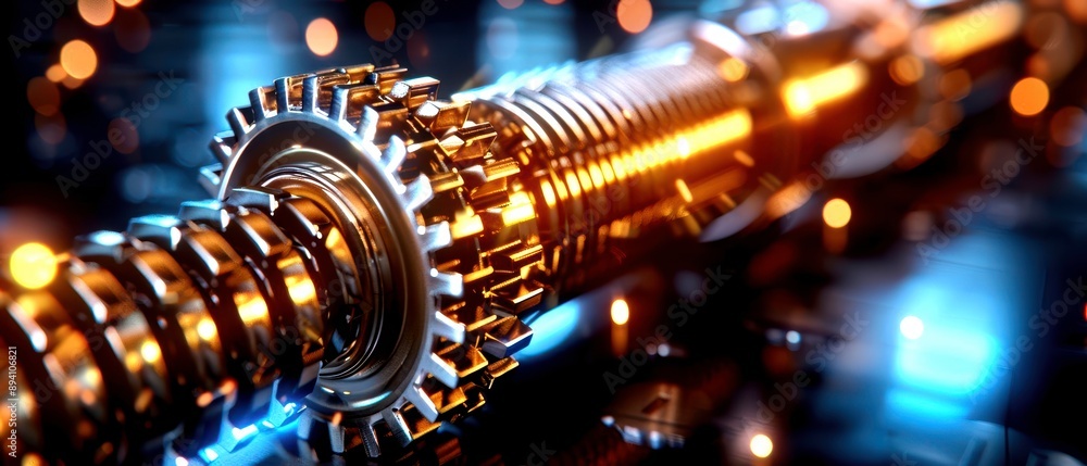 Poster closeup of intricate machinery operating in a factory, highresolution capturing detailed gears and c
