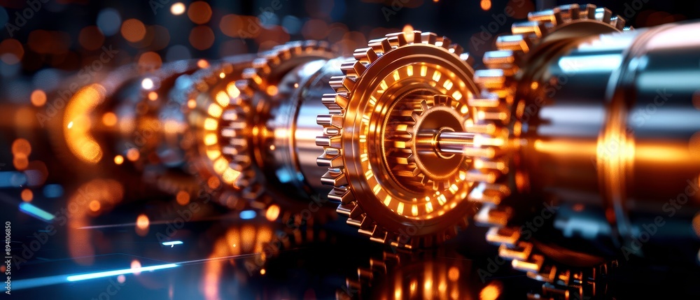 Poster closeup of intricate machinery operating in a factory, highresolution capturing detailed gears and c