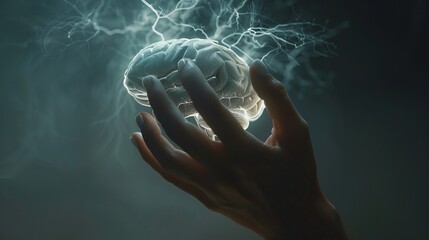 Human hand reaching out to touch a digital brain hologram, conceptual image representing the future of artificial intelligence, neuroscience, and technology advancements in the field of cognitive scie