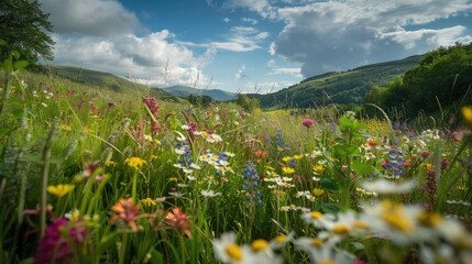 Obraz premium Blooming Wildflower Meadow Under Cloudy Sky