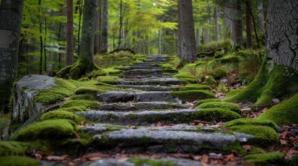 Scenic Mossy Forest Path with Stone Steps