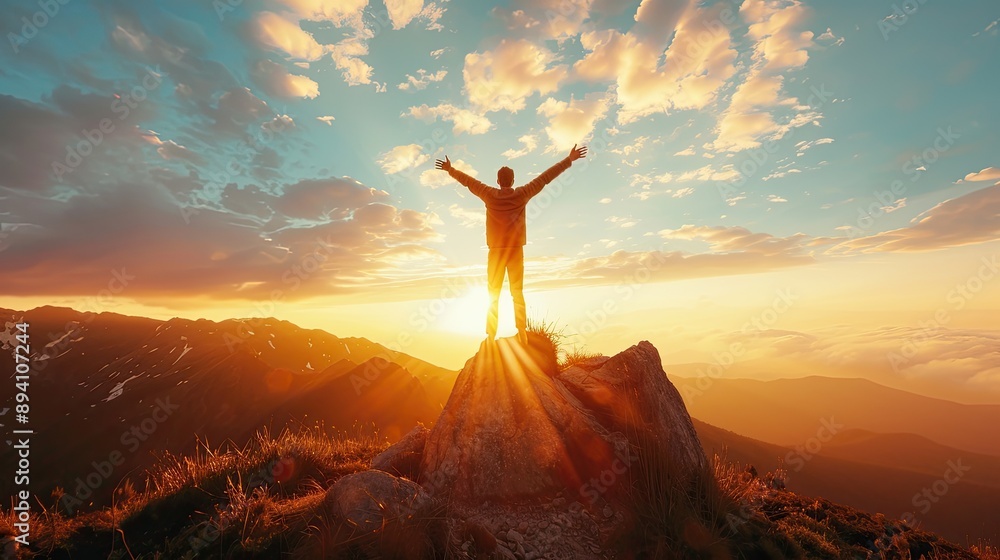 Wall mural Climber on the mountain top, jumping into the sky, embracing freedom and joy amidst nature's snowy peaks