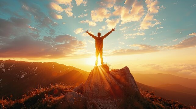 Climber on the mountain top, jumping into the sky, embracing freedom and joy amidst nature's snowy peaks