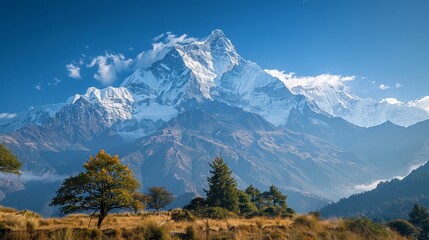 Fototapeta premium A tranquil mountain landscape with snow-capped peaks and a clear blue sky