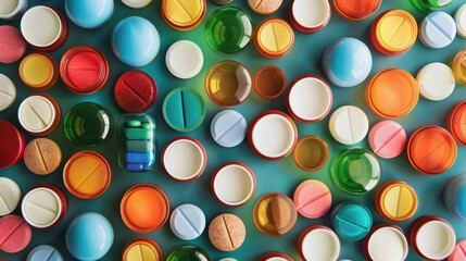 Abstract medicine bottles arranged in a geometric pattern
