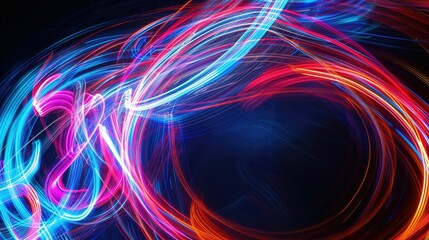 Abstract swirling neon light trails in a dark background