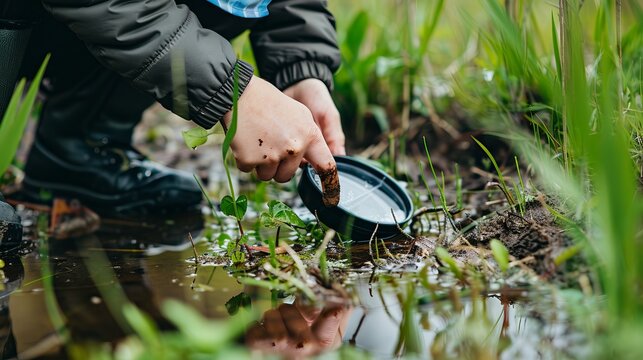 Person engaging in citizen science project to monitor environmental changes for earth day, collecting data outdoors with nature conservation tools and equipment