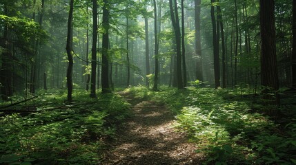 A lush green forest with sunlight filtering through the trees and a peaceful trail