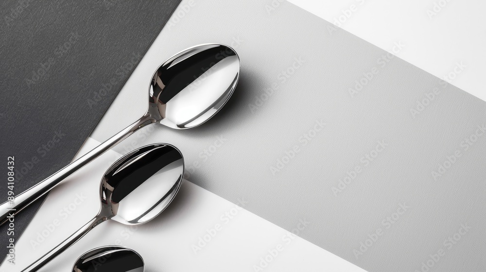 Poster close up of silver and black spoons on a white and gray backdrop with space for text