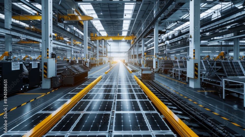 Poster panoramic view of large-scale production line for solar panels, highlighting the complex operations 