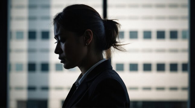 Stressed depressed unhappy businesswoman silhouette. Business finance problem bankruptcy. Depression headache cephalalgia concept 