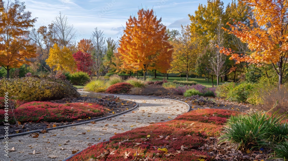 Poster a vibrant autumn scene with colorful leaves on trees and a winding path