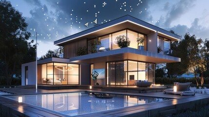 Fototapeta premium Modern Luxury House with Pool at Night