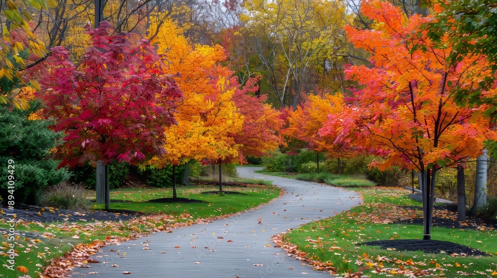Poster a vibrant autumn scene with colorful leaves on trees and a winding path
