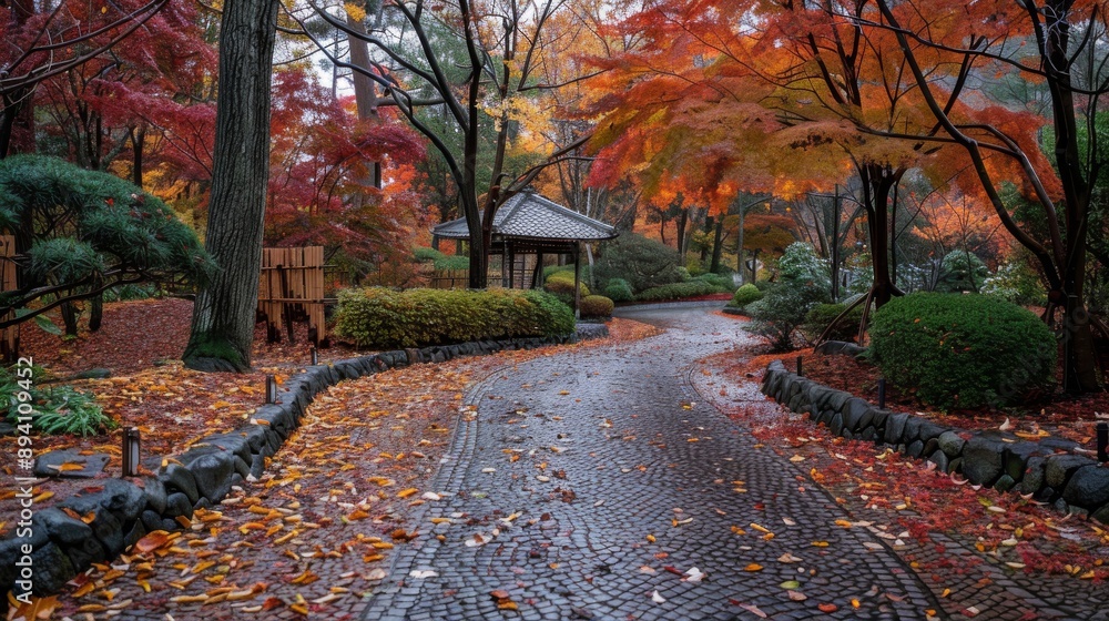 Poster a vibrant autumn scene with colorful leaves on trees and a winding path