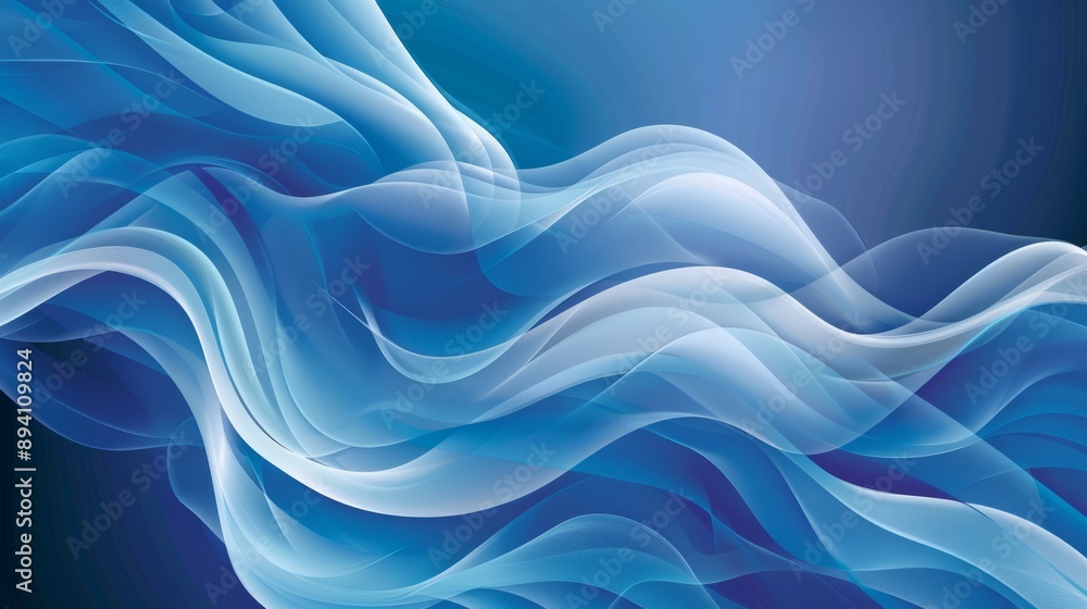 Poster abstract waves background in soft blue tones, fluid and dynamic wave pattern, ideal for science and 