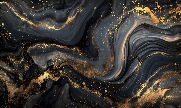 Luxury abstract black and gold marble fluid texture painting, Generative AI