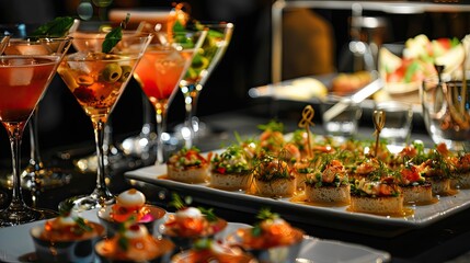 tasting gourmet dishes and cocktails at a sophisticated cocktail party.