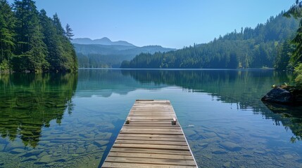 A calm lake with a wooden dock, clear water, and surrounding forest