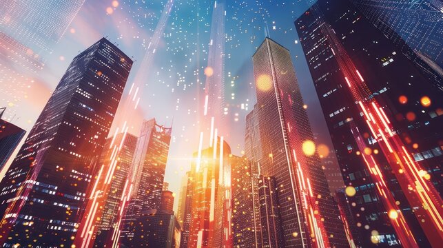 artistic rendering of a stock market rally, with rising digital columns of light and particles moving upwards against a backdrop of a financial district skyline