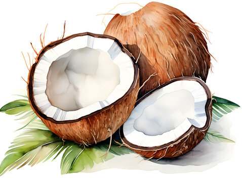 watercolor coconuts with green leaves on white clip art preview
