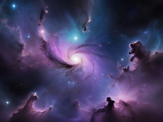 Fototapeta premium A stunning, vibrant galaxy background featuring swirling clouds of iridescent blue and purple gas, illuminated by a multitude of twinkling stars that gradate in size and intensity Generative AI