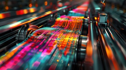 artistic representation of financial algorithms at work, depicted as a complex machine sorting and analyzing streams of colorful data