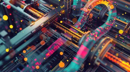 artistic representation of financial algorithms at work, depicted as a complex machine sorting and analyzing streams of colorful data