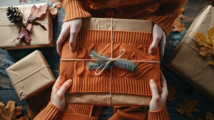 Unwrapping online order containing cozy orange sweater for holidays