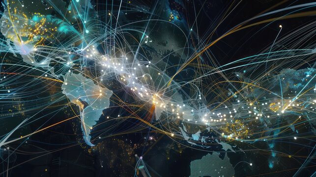 artistic representation of global financial integration, with digital threads weaving through a map, connecting major financial hubs
