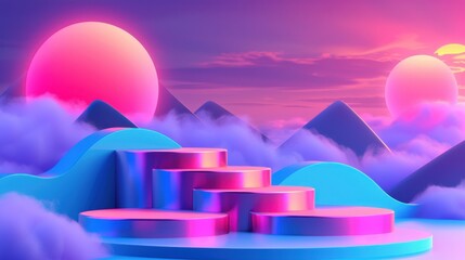 Surreal abstract landscape with vibrant colors, floating platforms, and futuristic sun. Digital art showcasing a dreamlike fantasy world.