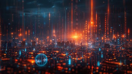 Fototapeta premium Digital background with blue gradient, financial graph going up in the center of frame with stock market charts.