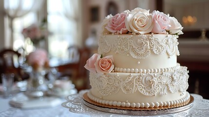 A cake adorned with royal icing lace patterns, pearls, and delicate pink roses, exuding timeless elegance.