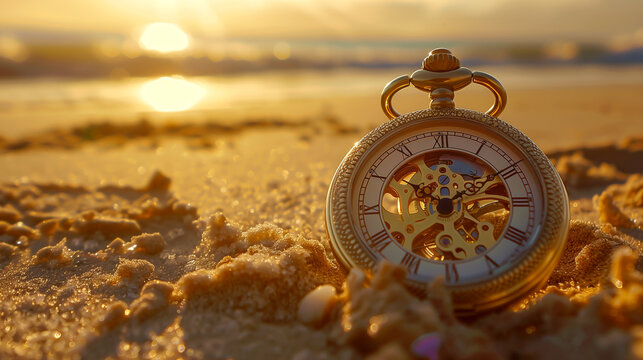 Closeup of vintage pocket watch on golden sand beach during sunset, highlighting intricate details and timeless beauty against blurred ocean waves. - Powered by Adobe