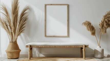 Blank wall frame a simple bench in a Scandinavian-style room