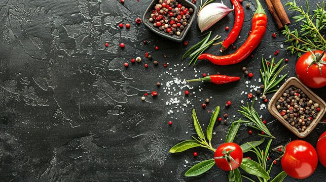 Black Stone Cooking Background with Spices and Vegetables: Top View
