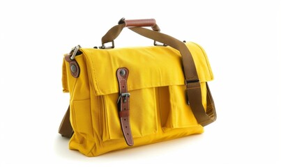 Naklejka premium Vibrant Yellow Backpack Symbolizing Back-to-School Season, Academic Aspirations, and Hope. Isolated on White Background, Education, Graduation, and the Journey of Learning for Students of All Ages.