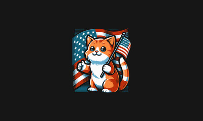 Obraz premium cat hold flag american vector illustration flat design