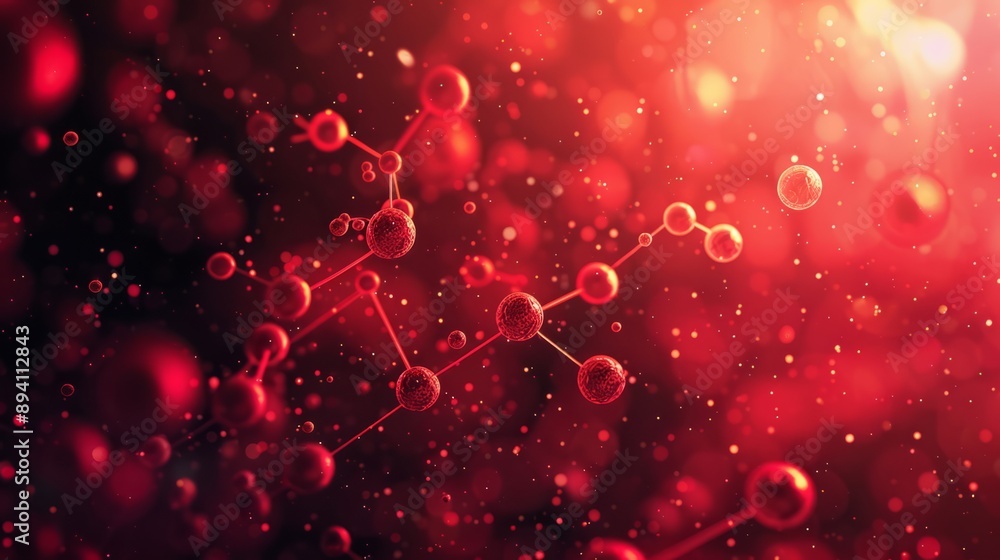 Sticker abstract red science background with futuristic dna helix, molecular structures, and glowing particl