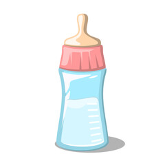 Baby milk bottle. Nutrition in the plastic container for a newborn. White drink, dairy product. Isolated vector illustration in cartoon style