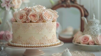 A cake with detailed lace patterns in royal icing, adorned with pearls and soft pastel roses, capturing vintage charm. The background includes a vintage vanity with lace doilies and antique mirrors,