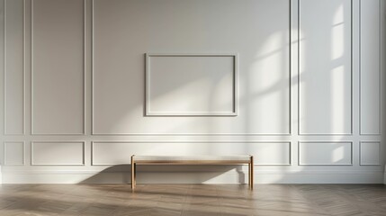 Blank wall frame a simple bench in a Scandinavian-style room