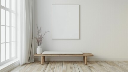 Fototapeta premium Blank wall frame a simple bench in a Scandinavian-style room