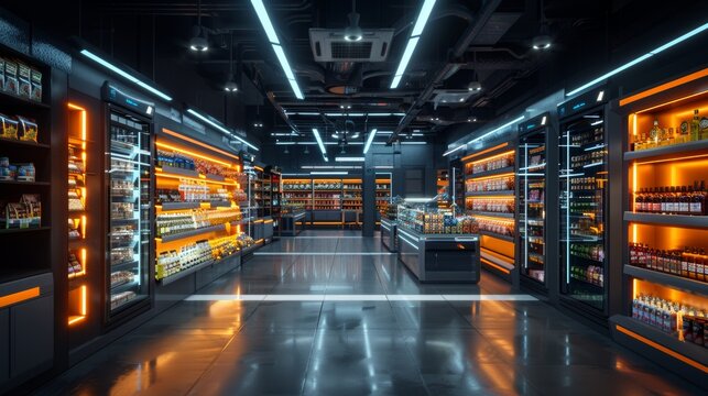 futuristic grocery store with automated checkouts and smart shelves displaying products efficiently