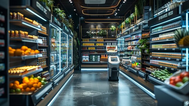 futuristic grocery store with automated checkouts and smart shelves displaying products efficiently