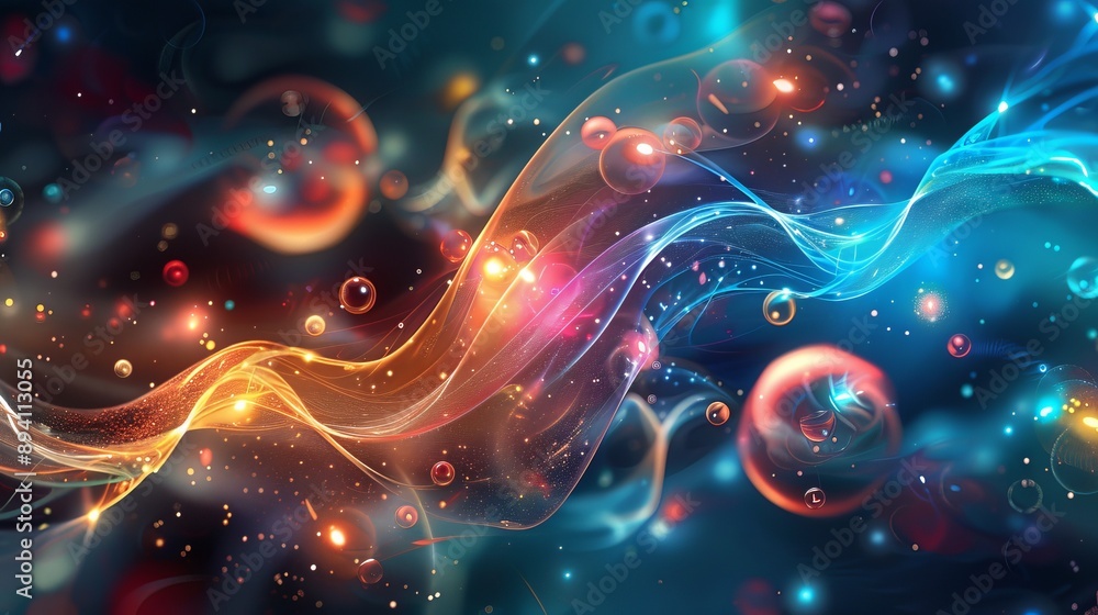 Poster abstract science background featuring intricate molecular structures and dynamic particle effects on