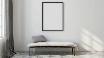 Blank wall frame a simple bench in a Scandinavian-style room